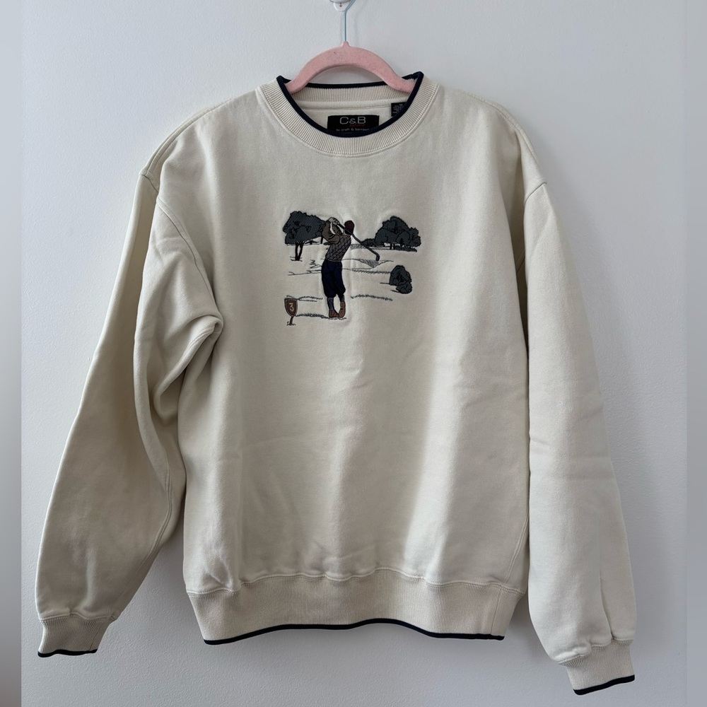 Vintage Golf Crew Neck Sweatshirt Mens Cream C&B Sport Medium Cotton Blend